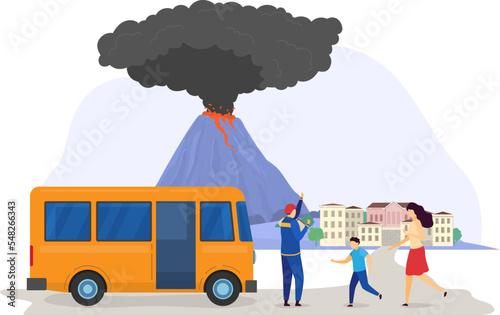 Natural disaster cloud eruption volcano evacuation, rescue save people population from catastrophe city isolated on white, cartoon vector illustration.