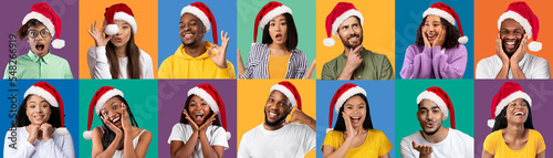 Cristmas Banner With Happy Diverse Multiethnic People Wearing Santa Hats