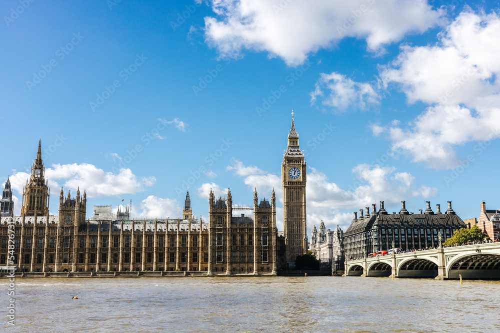 The famous Big Ben and the English Parliament along the river Thames in London, England