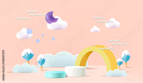 Stage podium decor with weather shapes  and clouds. 3d pedestal winter scene or platform for product stand. Vector illustration. Round podiums for kid   s product presentations.