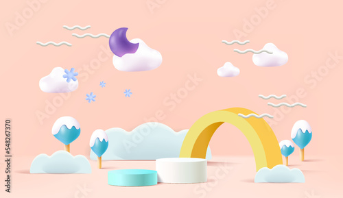 Stage podium decor with weather shapes, and clouds. 3d pedestal winter scene or platform for product stand. Vector illustration. Round podiums for kid’s product presentations.