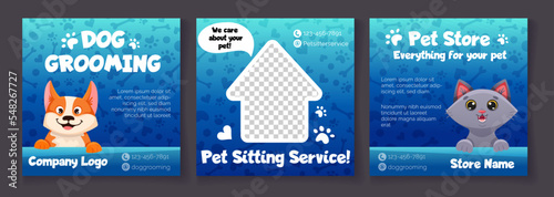 Pet store banner for social media posts with cute cat. Dog grooming square template. Vector cartoon illustration for your design