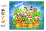 Math education for children. How many animals can you find in the zoo? Count the quantity and write numbers. Educational logic puzzle game. Developing counting skills. Printable sheet for kids.