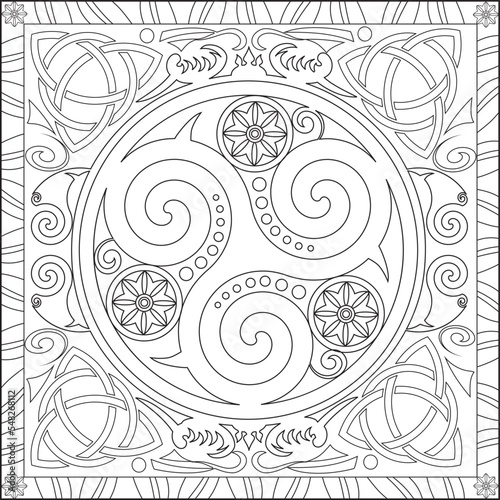 Page Coloriage pour Adultes Livre Design Motif Triskel Noeud Celtique Mandala Vecteur Illustration Blanc et Noir © Artellia