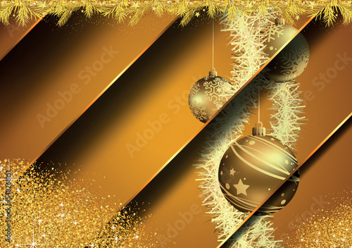 Gold Modern Christmas Background with Layered Effect with Christmas Balls Mot...