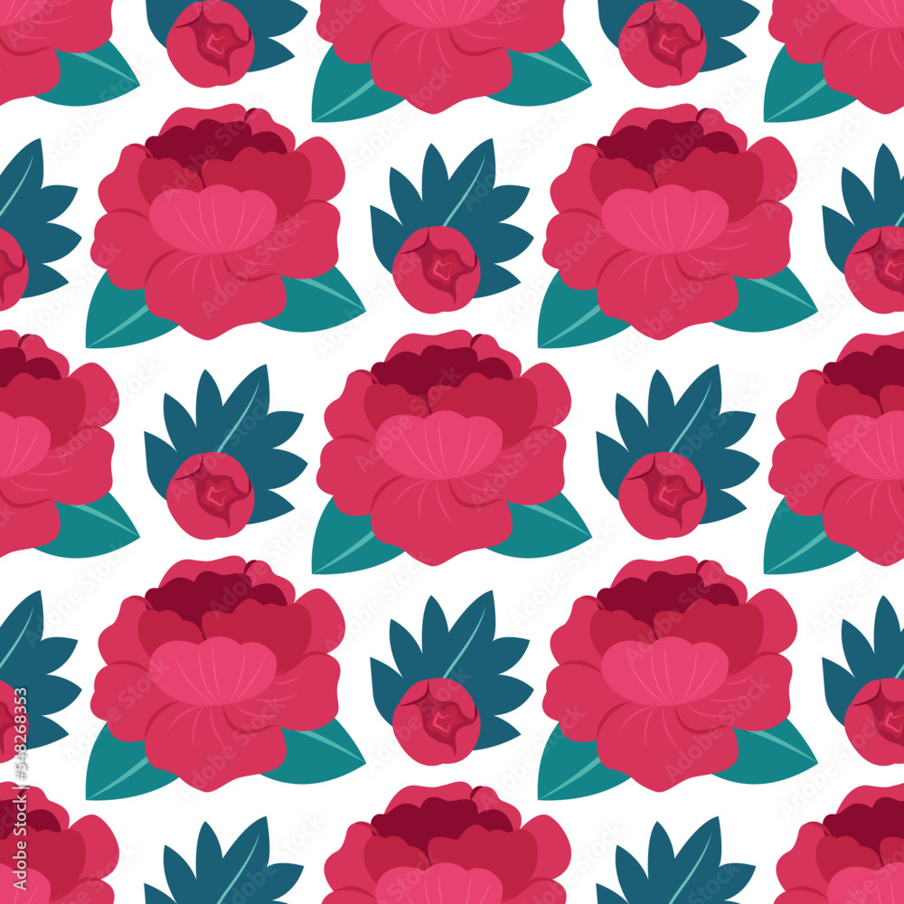 Pink flower is a peony in a seamless pattern in the isolated background