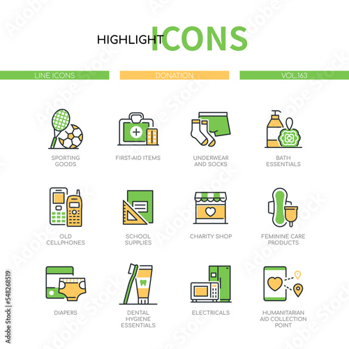 Donation and charity - line design style icons set