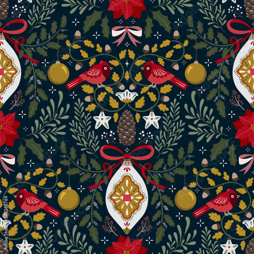 Christmas symmetry seamless pattern with Christmas decorations and winter botany