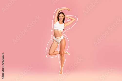 Fitness And Body Care. Happy Slim Woman With Silhouette Outlines Around Figure
