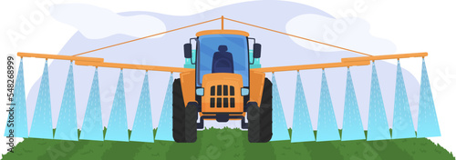 Tractor watering large field with special device concept agricultural machinery isolated on white, flat vector illustration. Area crop fertilizer.