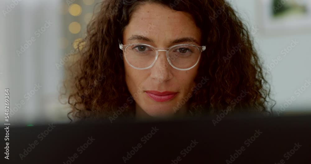 Laptop, thinking woman and glasses, working on ideas and house, living room or lounge in work from home office for planning, solution or research. Focus face of freelancer lady reading computer email Laptop, thinking woman and glasses, working on ideas and house, living room or lounge in work from home office for planning, solution or research. Focus face of freelancer lady reading computer email