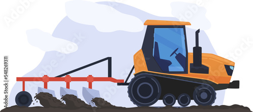 Preparation virgin land tractor use cultivator agricultural device field machinery concept isolated on white, flat vector illustration.