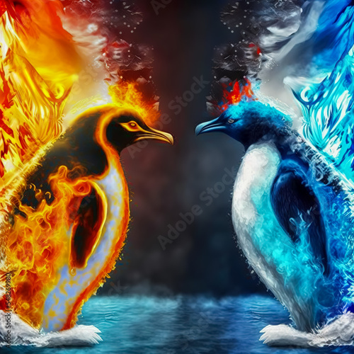 animal fighting. Abstract Fire and Ice element against. Heat and Cold concept. 3d illustration.