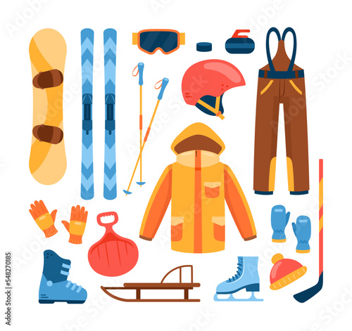 Winter sport equipment. Vector icons set with snowboard, ski, gloves, helmet, sled, jacket, pants. Illustration of winter sporting accessories. Mountain skiing and skating activity on holidays