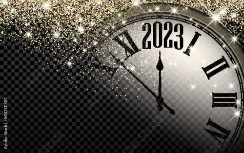 Half hidden clock showing 2023 on transparent background.