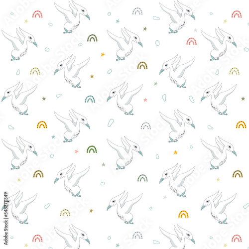 Seamless pattern with dinosaur print and decorative elements, childish print with cute character