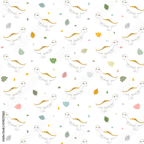 Seamless pattern with dinosaur print and decorative elements, childish print with cute character