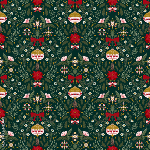 Christmas symmetry seamless pattern with Christmas decorations and winter botany