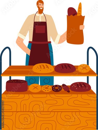 Bakery chef male character stand own bread market, man bakehouse kitchener hold fresh pastry product isolated on white, flat vector illustration.