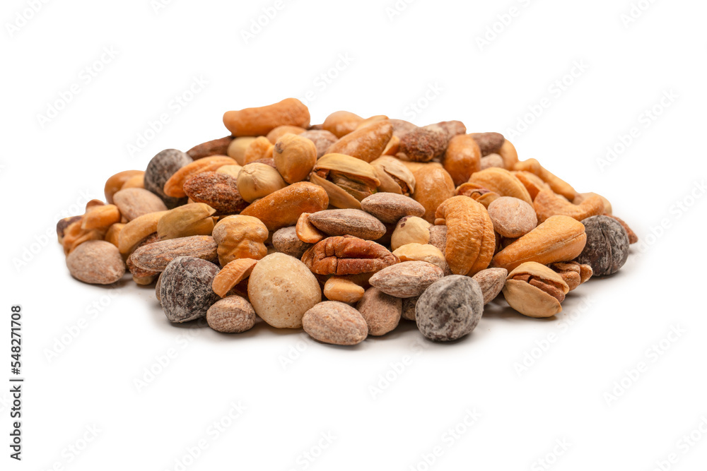 A group of almonds, pistachios, walnuts, macadamia, cashews. A group of almonds, pistachios, walnuts, macadamia, cashews.