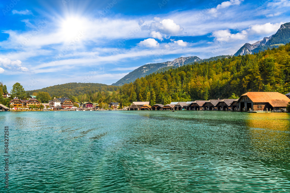 Wooden old houses on the lake, Schoenau am Koenigssee, Konigsee, Berchtesgaden National Park, Bavaria, Germany Wooden old houses on the lake, Schoenau am Koenigssee, Konigsee, Berchtesgaden National Park, Bavaria, Germany