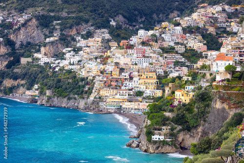 Touristic Town, Positano, on Rocky Cliffs and Mountain Landscape by the Tyrrhenian Sea. Amalfi Coast, Italy. © edb3_16