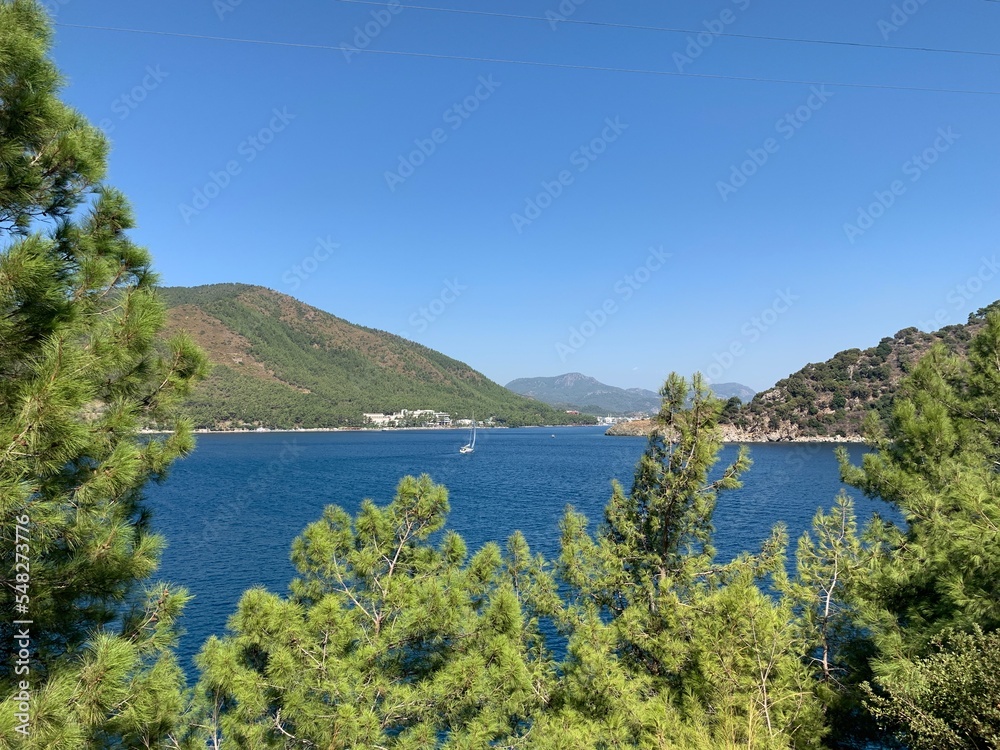 Sea, mountains and pine trees, beautiful landscape. Marmaris, Turkey.