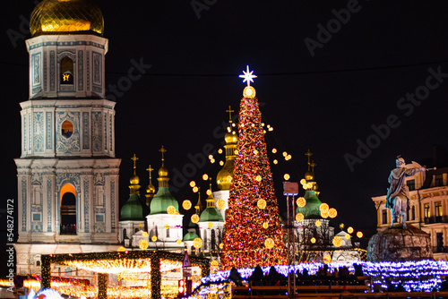 Main Christmas tree of Ukraine on St. Sophia Square, Kyiv. Celebration of the New Year Holiday near the New Year Tree.