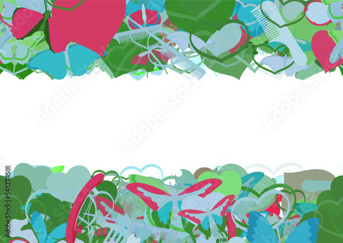 Background pattern abstract design texture. Horizontal seamless stripes. Border frame, transparent background. Theme is about nature, salon, hair clips, vector, exotic, Red Admiral, barrette