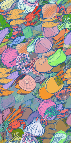 Background pattern abstract design texture. Seamless. Seafood and Health food. Theme is about big, protein, lobster, vitamin C, squid, royal, peel, Chinese cabbage, small, pods, crab, shrimp