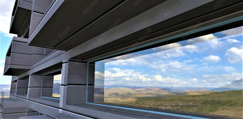 Fototapeta premium The picturesque mountain landscape is reflected in the wide window of an apartment building. Great banner to attract real estate investors. 3d rendering.
