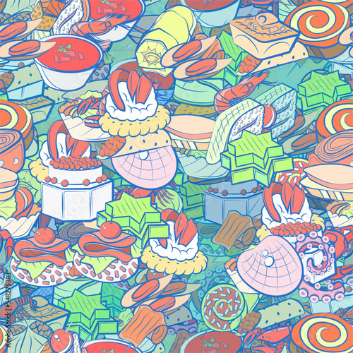 Background pattern abstract design texture. Seamless. Seafood and Snacks. Theme is about twisted, stick, cherry, bacon, wrapped up, fish, strung up, lobster, star, salmon, twisted filling