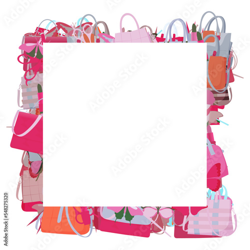 Blank paper, fill yourself invitation card, with border backdrop pattern. Abstract design texture. Theme is about stuff, pomade, Red Admiral, ornate, salon, cosmetics, scissors, store, background
