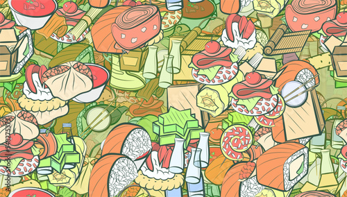 Background pattern abstract design texture. Seamless. Snacks and Japanese food. Theme is about roll, cheese, fish, water bottles, star, roll salmon, sweetness, food delivery, loaf, sushi-roll
