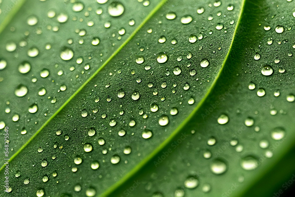 Vertical shot of green leaf with rain droplets 3d illustrated