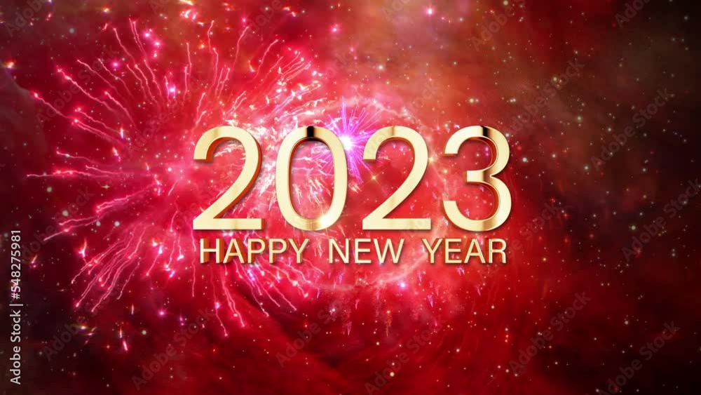 Happy New Year 2023 golden light effect text with many exploding colorful fireworks on red  galaxy sky cinematic title in festive event amazing on black background for celebrate New Year, holiday and 