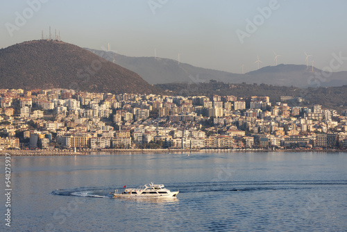 Homes and Buildings in a Touristic Town by the Aegean Sea. Kusadasi, Turkey. Sunny Evening.