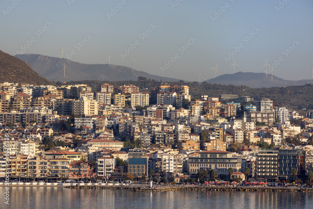 Homes and Buildings in a Touristic Town by the Aegean Sea. Kusadasi, Turkey. Sunny Evening.