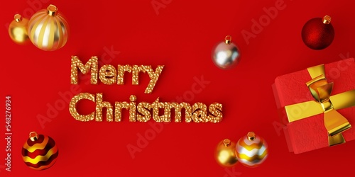 3d Merry Christmas gold 3d text  on red background with realistic present and christmas decorations. Festive Banner for promotion and greetings. 3d rendering