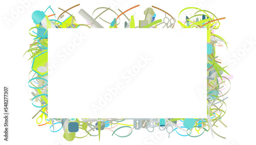 Blank paper, fill yourself invitation card, with border backdrop pattern. Abstract design texture. Theme is about Barber pole, cosmetology, shaving, barbershop, narrow goods, weaving, hair care