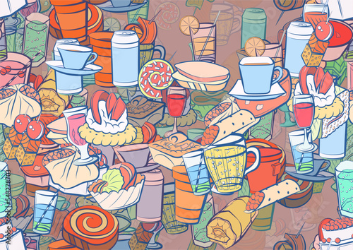 Background pattern abstract design texture. Seamless. Snacks and Drinks. Theme is about thread, Martini, salmon, spiral, slice, drink, sweet, beer, alcohol, crab meat, bubbles, onigiri, strung up