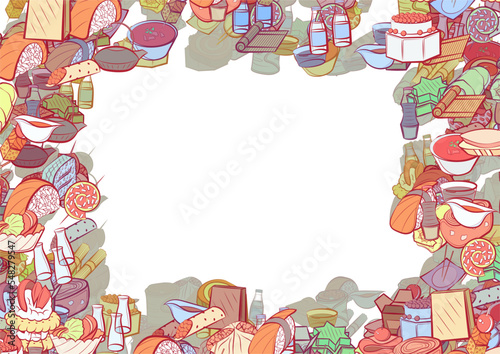 Background pattern abstract design texture. Snacks and Japanese food. Border frame, transparent background. Theme is about caramel, salad, water bottles, meat, wand, kyusu, cake, soup