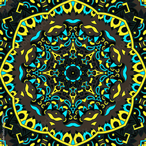 Seamless tile texture. Tracery mehndi design image. Dark toxic colors. Ethnic doodle art. Curved doodling picture. Vector