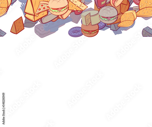 Background pattern abstract design texture. American food and Cheeses. Horizontal seamless stripe. Border frame, transparent background. Theme is about a circle, monolithic, potato, sausage