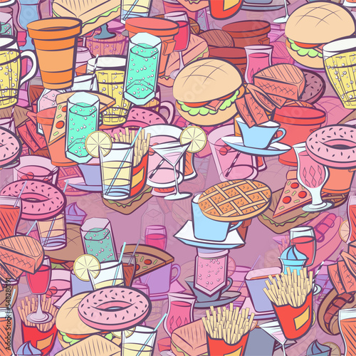 Background pattern abstract design texture. Seamless. Drinks and American food. Theme is about plastic, bakery products, American cake, cut, tea, drinking tube, bubbles, Martini, topping