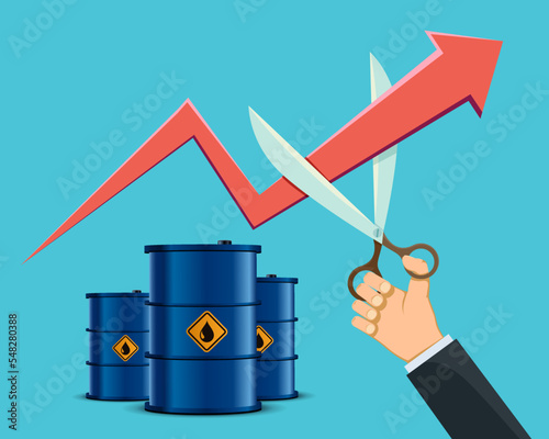 Growing arrow of the price of a barrel oil is cut with scissors