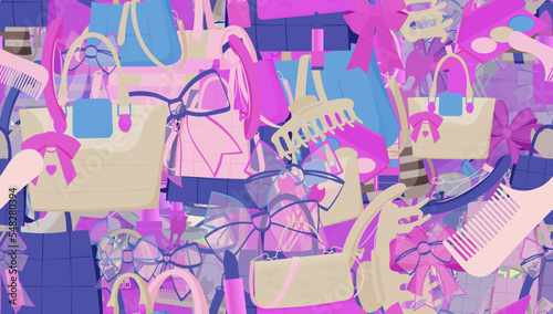 Background pattern abstract design texture. Seamless. Theme is about hairpin, nail polish, slip, adornment, lady, handbag, store, satchel, pomade, clip, content, glamour, stuff, claw, hair clips