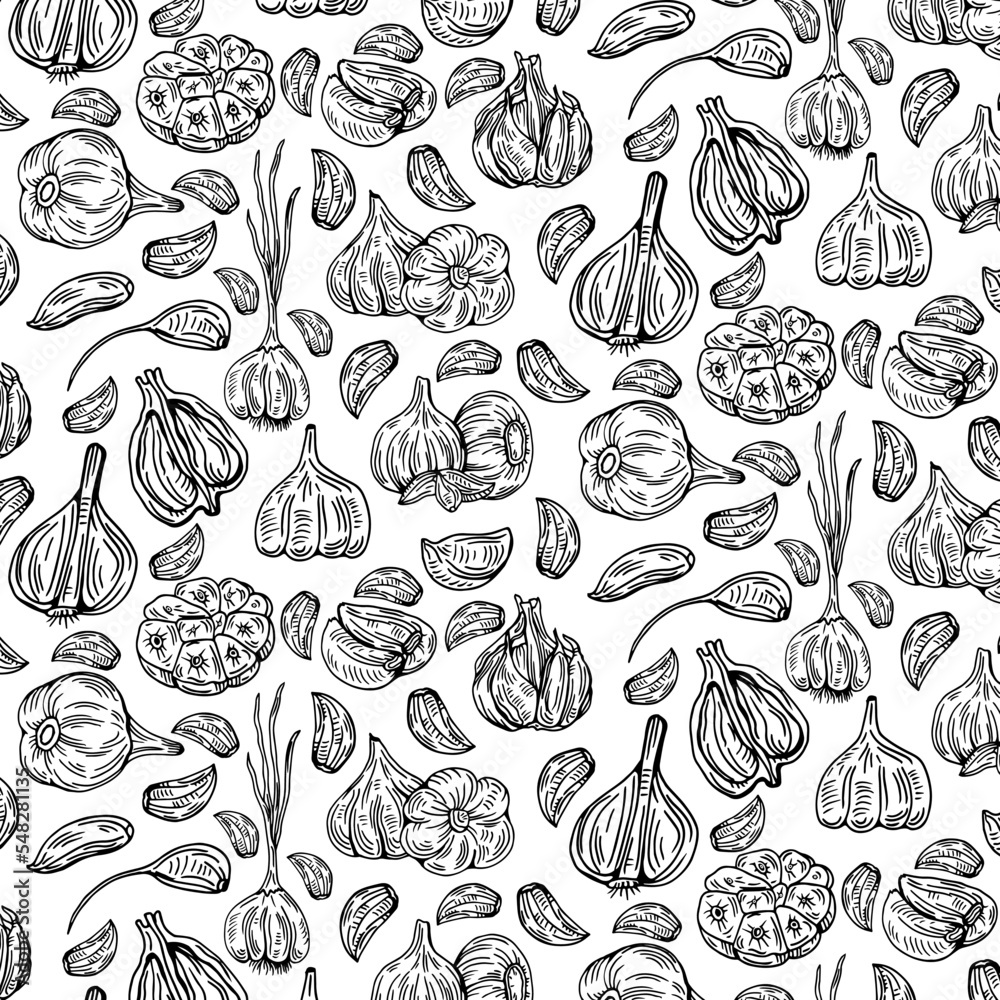 Fototapeta premium Garlic pattern wallpaper. Seamless pattern. Garlic symbol vector.
