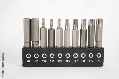 Drill bits set white background 