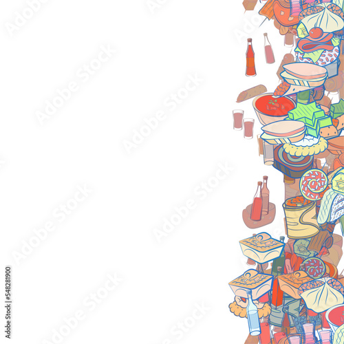 Background pattern abstract design texture. Alcohol and Snacks. Vertical seamless stripe. Border frame, transparent background. Theme is about bottle, sandwich, caramel, charming, tartlet